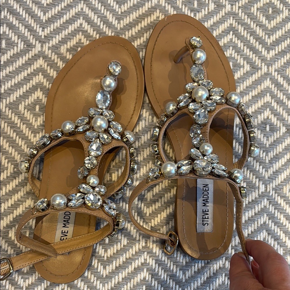 Steve Madden Tan Jeweled Pearl & Crystal T-Strap Sandals